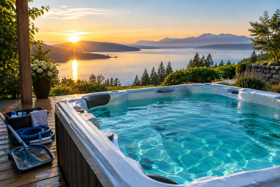 Calm backyard hot tub with clear aqua water at sunrise