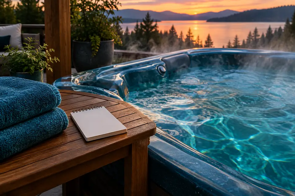 Hot tub side table with towels and clear steaming water in evening light