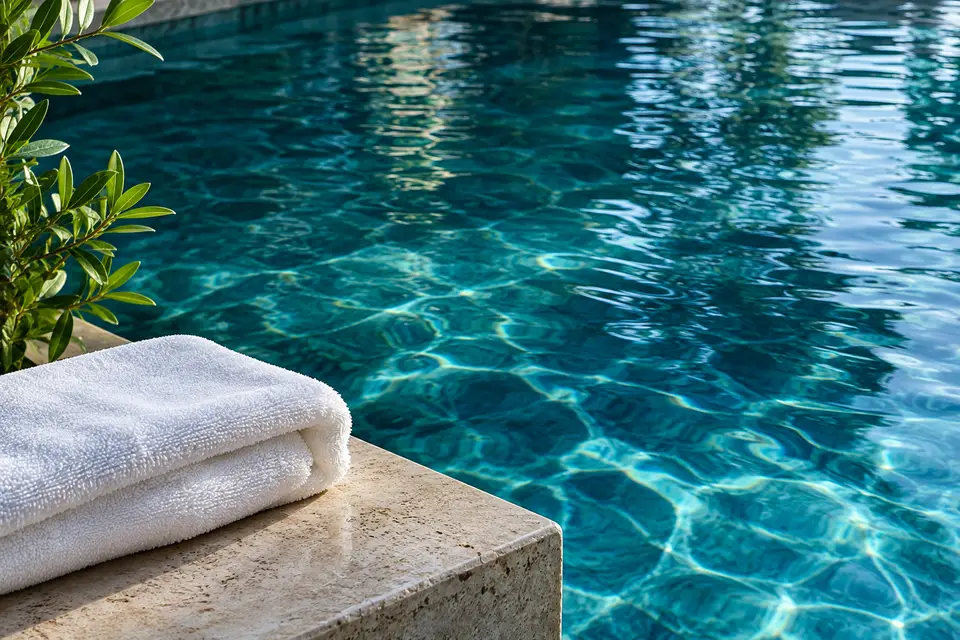 Calm blue water surface with soft reflections and a folded towel on a spa ledge