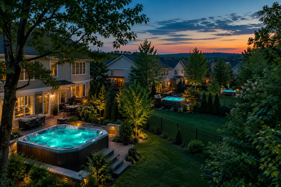 Northern Virginia neighborhood backyards at dusk with glowing hot tubs