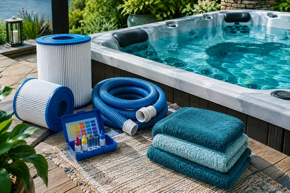 Outdoor hot tub with its cover open
