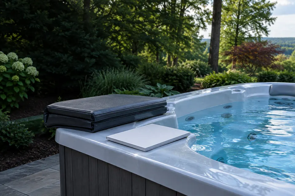 A closed spa guide beside a folded cover and clean water
