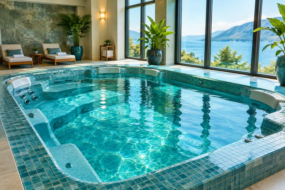 Indoor hotel style spa room with a large clean hot tub