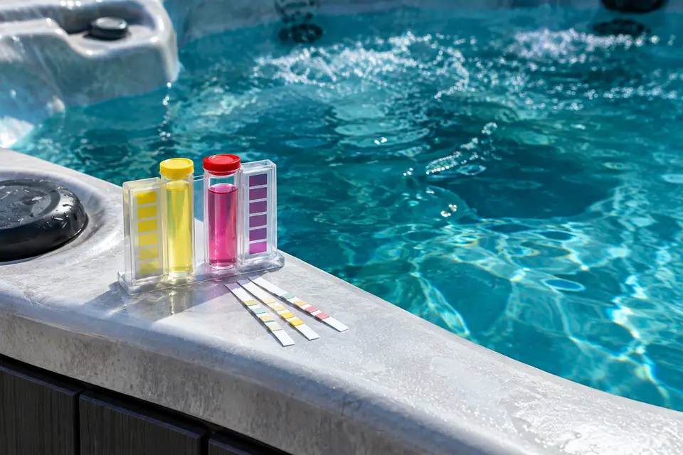 Water test kit with reagent vials on the edge of a hot tub