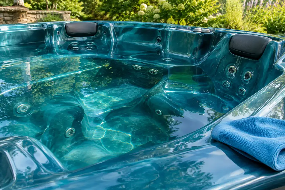 Freshly scrubbed hot tub shell with gleaming acrylic walls