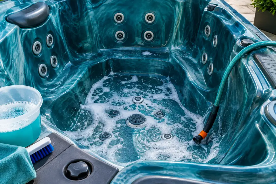 Drained spa footwell with jets exposed and cleaning foam