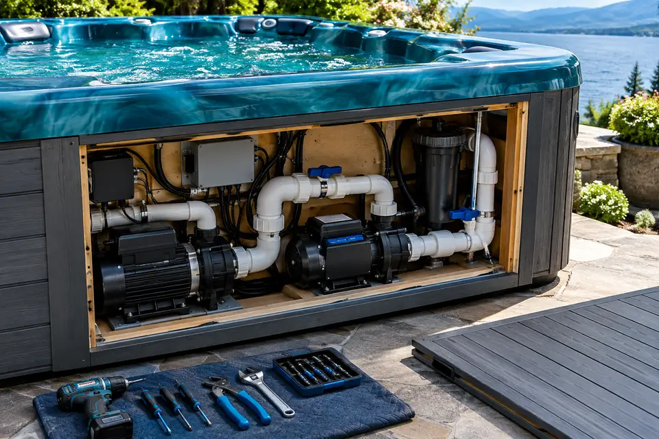 Hot tub cabinet panel removed showing pumps and plumbing with tools nearby