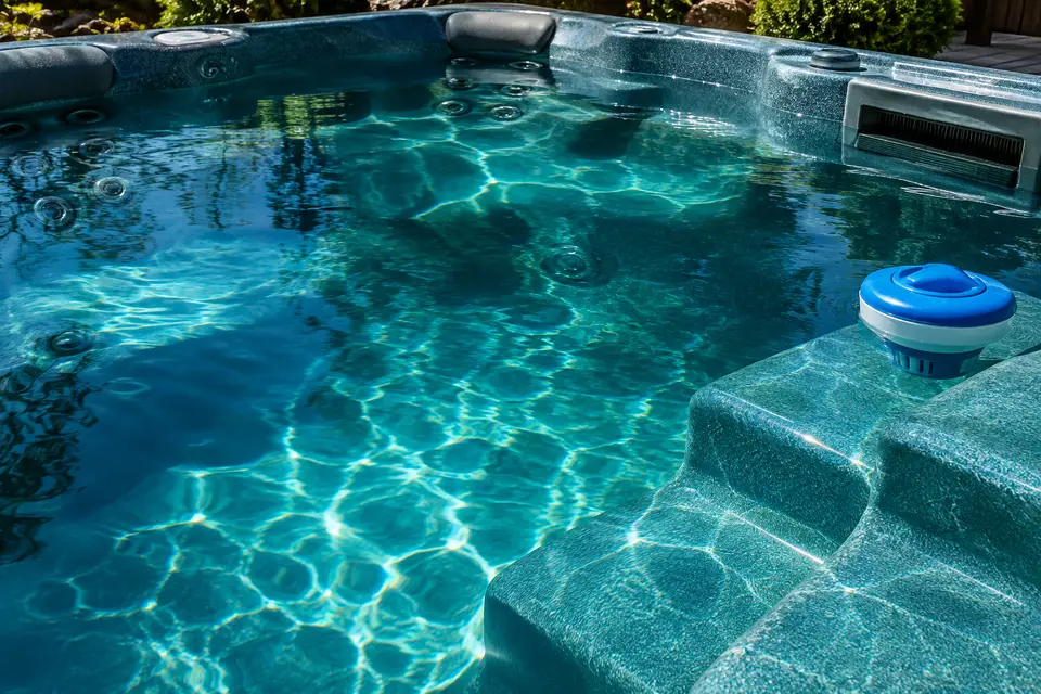 Sparkling hot tub water beside a sanitizer floater near the steps