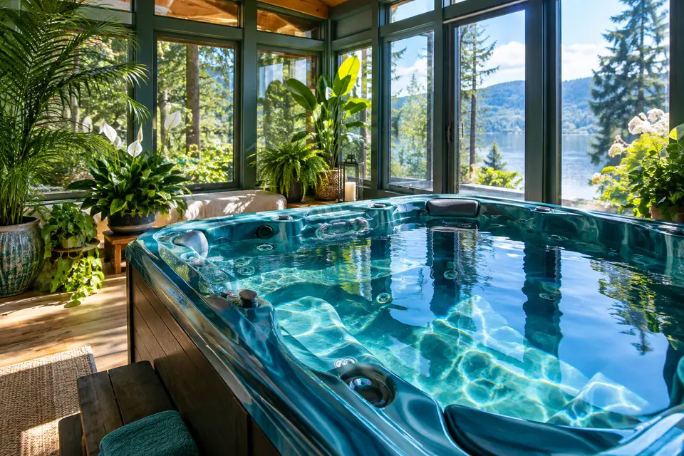 Hot tub in an indoor sunroom with large windows and plants