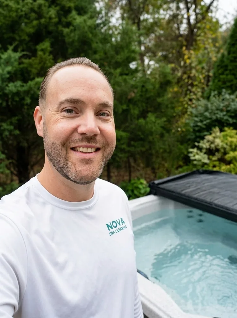 Joe Magnotti beside a hot tub, wearing a Nova Spa Cleaning shirt