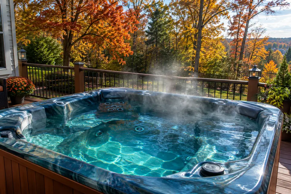 Hot tub on a wooden deck with autumn trees and steam rising