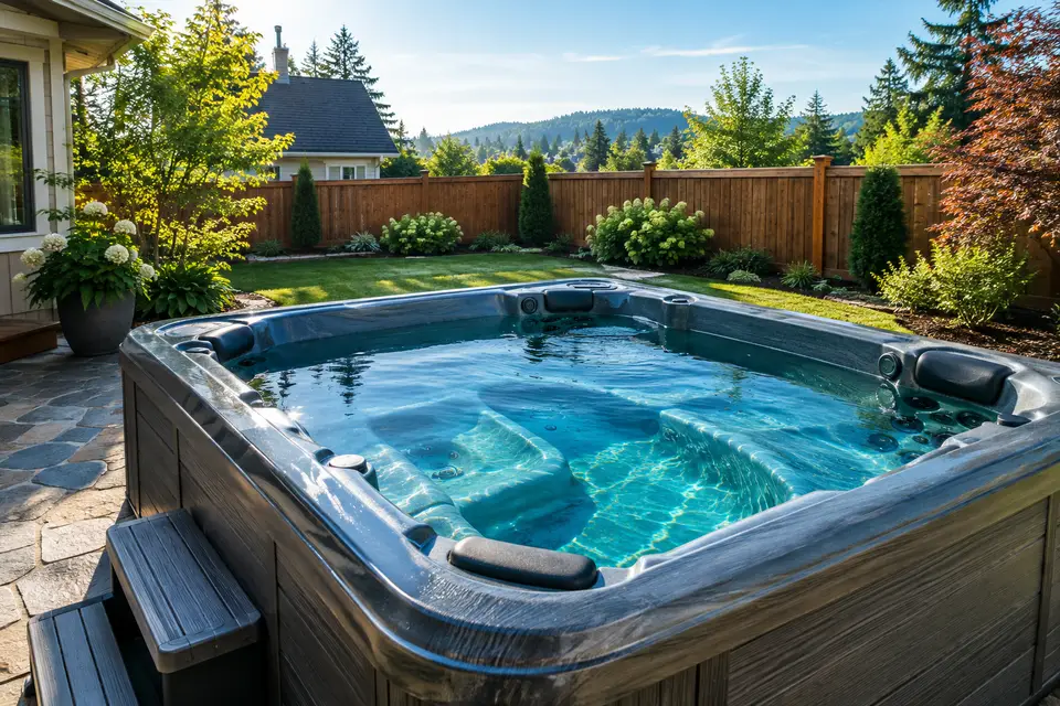 Backyard hot tub on a stone patio beside a fence in morning light