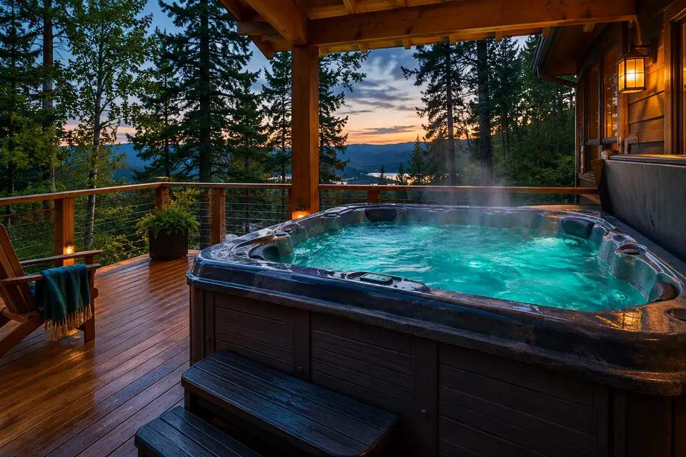 Cabin style rental deck with a covered hot tub at dusk