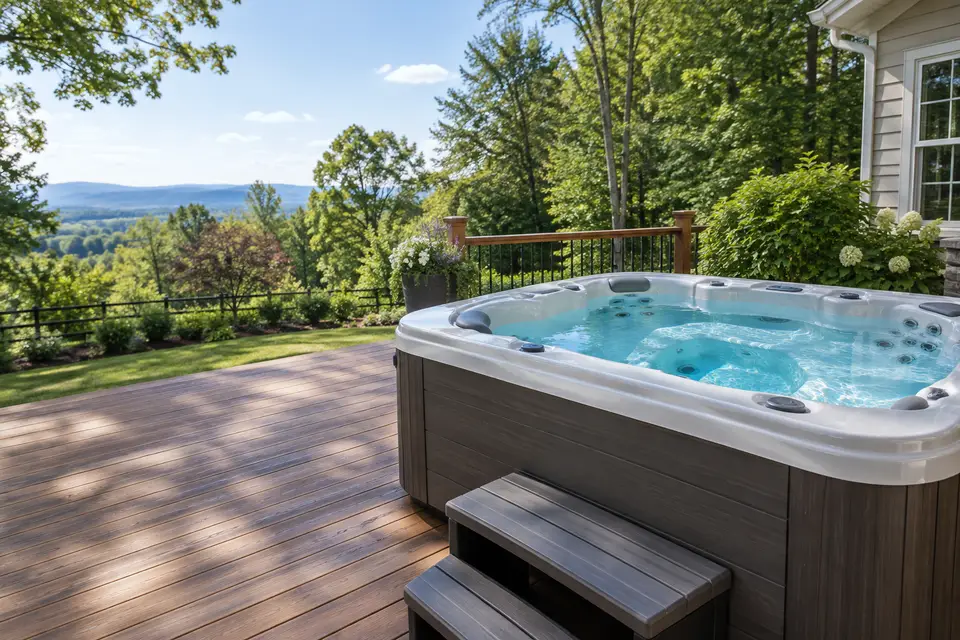 Bubbling hot tub on a wooden deck beside trees and a hillside view