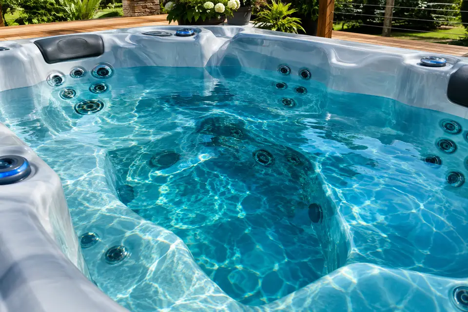 Clean acrylic hot tub with bubbling blue water and headrests