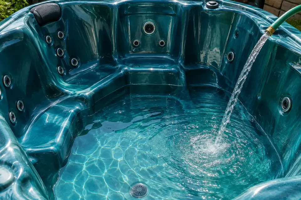 Hose filling an empty hot tub shell with fresh water