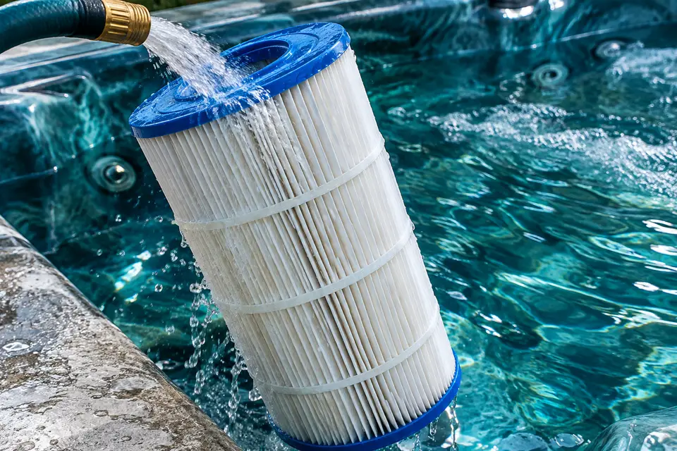 Pleated spa filter cartridge being rinsed with a hose beside a hot tub