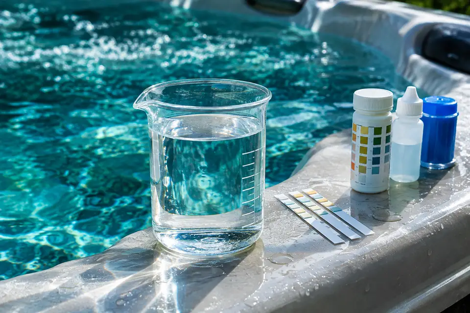 Water sample, test strips and spa water care bottles beside a hot tub