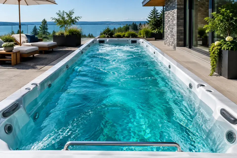 Long outdoor swim spa with clear turquoise water beside a patio